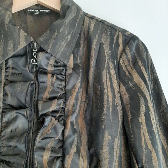 SAMUEL DONG Ruffle Front & Hem Zip-Up Front Blazer Black & Brown Abstract Sz XXS - Picture 4 of 16